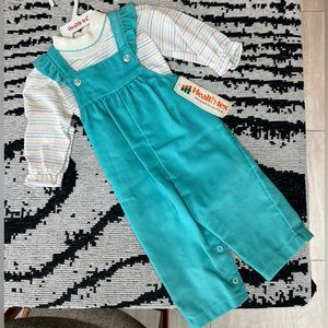 NOS Health-tex Corduroy Aqua Ruffle Overalls with Matching long sleeve Shirt